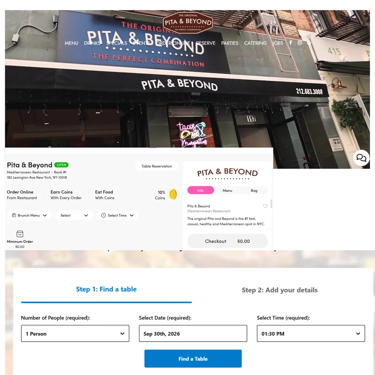 Pita and Beyond restaurant page with online ordering and table reservation
